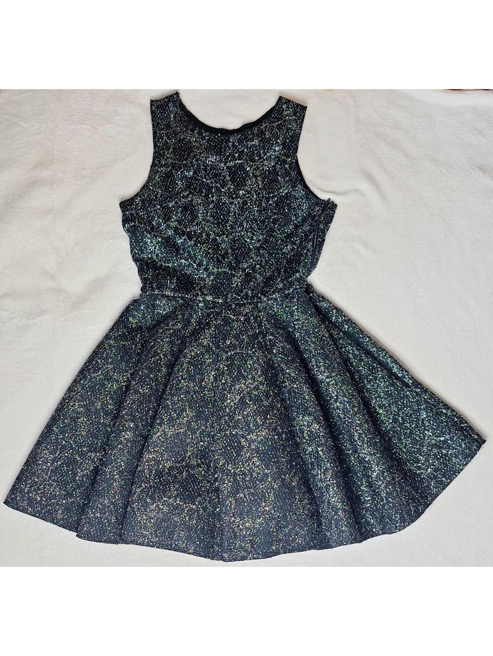 Issue New York Metallic Silver Black Lace Open Back Skater Dress USA - Small S